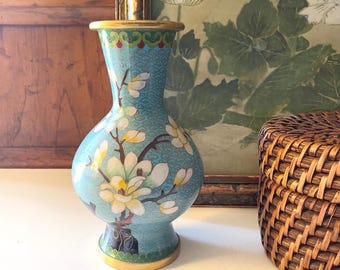 Vintage Floral and Butterfly Cloisonné Vase, Decorative Oriental Vase, Chinoiserie Decor, Blue Cloisonne Vase