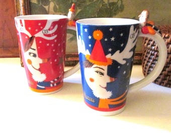 Vintage Neiman Marcus 2003 Christmas Mugs, Dept 56, Large Hot Chocolate Mugs, Whimsical Mugs