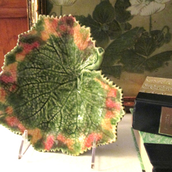 Vintage Bordallo Pinheiro Majolica Style Tray, Footed Autumn Grape Leaf, Green, Yellow and Red Glaze, Made In Portugal, Grandmillenial