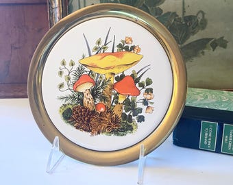 Vintage Merry Mushroom Tile and Brass Trivet, Hot Plate, Retro Wall Decor, Colony