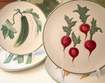 Four Vintage Italian Salad Plates, Vegetable Theme, Carrots, Radishes, Cucumber, Asparagus, Alfresco Dining, Hand Painted Italy Plates