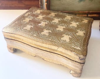 Vintage Italian Ornate Florentine Chest on Legs Box, Jewelry Gilded Wood Hinged Box, Hollywood Regency, Grandmillennial, Gold and Beige