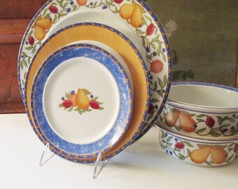 Vintage Dansk "Fiance Fruits" Dinnerware, Pears, Strawberries, Orange and Blue, Salad Plate, Dinner Plate, Soup Bowl