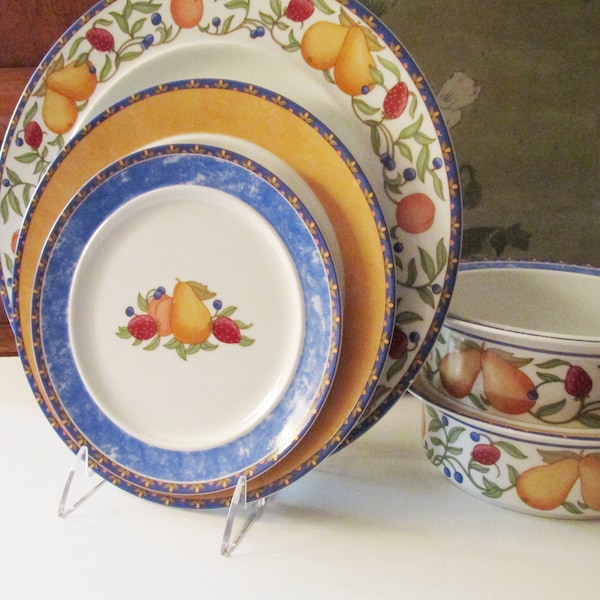 Vintage Dansk "Fiance Fruits" Dinnerware, Pears, Strawberries, Orange and Blue, Salad Plate, Dinner Plate, Soup Bowl