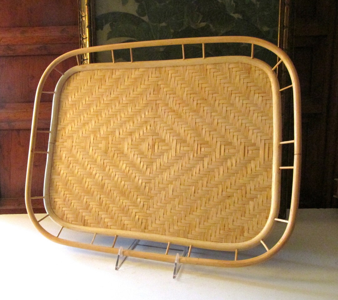 Vintage Bamboo Rattan Serving Tray Ottoman Tray Woven Tray Etsy