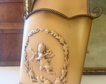 Vintage Cherub Hanging Wall Flower Bucket, "Glorious Door Bucket", Southern Living, Metal Tole Wall Pocket