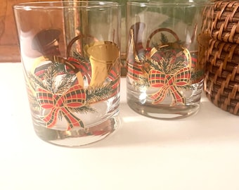 Vintage Christmas Culver DOF Glasse, French Horn and Ribbon Pattern, Culver Ltd, Bar Glassware, Whiskey Glasses USA Signed, Culver Yule Horn