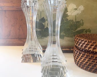 Vintage Pair of Art Deco Revival Style Crystal Candlesticks, Multi Sided Glass Candle Holders, Hollywood Regency
