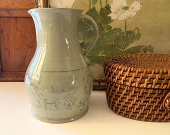 Vintage Signed Art Pottery Pitcher, Soft Green Glazed Hand Made Pottery Vessel, Farmhouse Decor, Cottage Chic