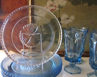 Four Vintage Fostoria "Virginia" Glasses, Four Dinner Plates, Light Blue Glass Dinnerware, Sold in Sets