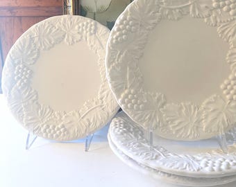 Vintage Williams Sonoma Italian Embossed Set of Four Salad Plates, Fruit Plates, Pears, Cherries White Embossed, Alfresco Tuscany Decor