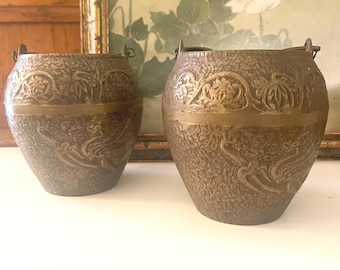 Vintage Pair of Brass Vases, Chinoiserie Brass Urn Vases, Boho Chic, Mantel Decor, Antique Style Vessels, Dragon Phoenix Brass