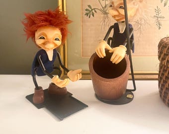 Vintage German Troll Figurine Pen Holder, Metal Felt Plastic Wood Decor