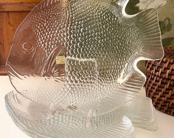 Vintage NOS Set of Four Arcoroc Glass Fish Shaped Plates, Seafood Salad Plates, Alfresco Dining,