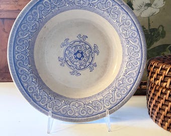 Antique Anthony Shaw "Florence" Ironstone Soup Bowl, Blue and White Transferware, Greek Key Border, English Country, Aesthetic Movement