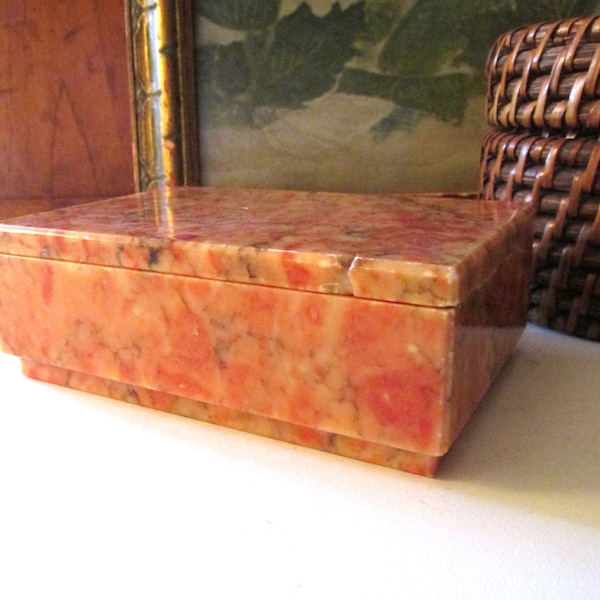 Vintage Italian Alabaster Trinket Box, Burnt Orange and Coral, Tablescape Decor, Hollywood Regency