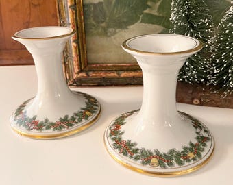 Vintage Fitz and Floyd “St Nicholas” Candlestick Holders, Christmas Low Candleholders