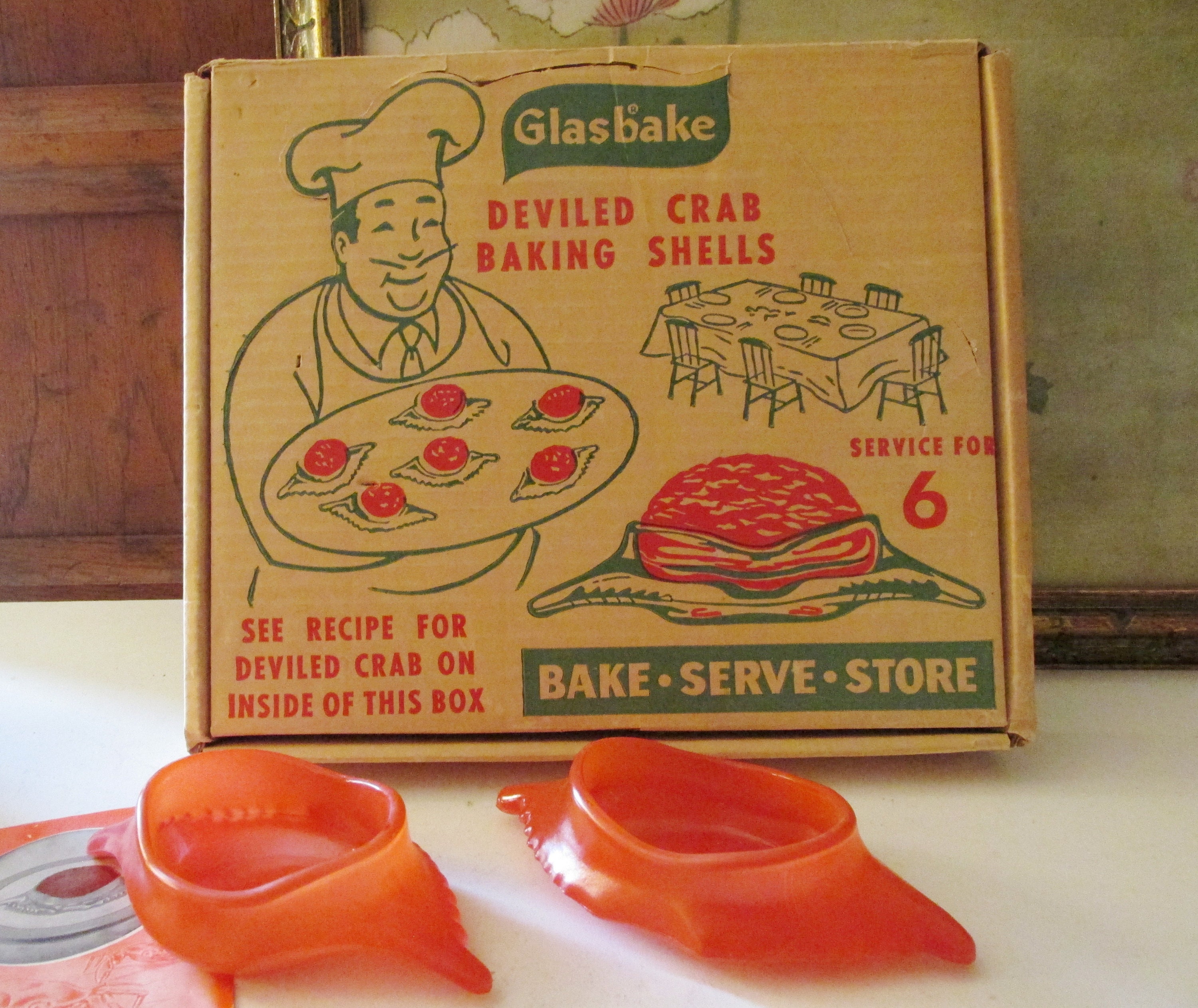 Vintage Glasbake Deviled Crab Baking Shells, Service for Six, Red 