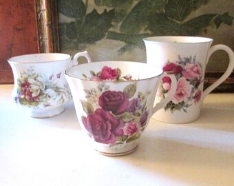 Vintage Lot of Three English Teacups, Mug, Assorted Roses Set, Mother's Day, Grandmillennial, Tea Party Cups, Royal Dover, Royal Kendal