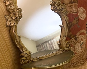 Vintage Syroco Gold Shelf Mirror, 1970's Dart Wall Mirror Shelf, Gilded Florentine Decor, Hollywood Regency,  Grandmillennial Decor