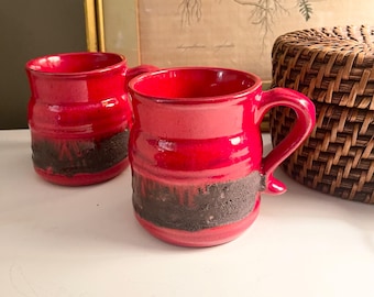 Two Vintage Laurentian Red Lava Mugs, Mid Century Mod Canadian Pottery
