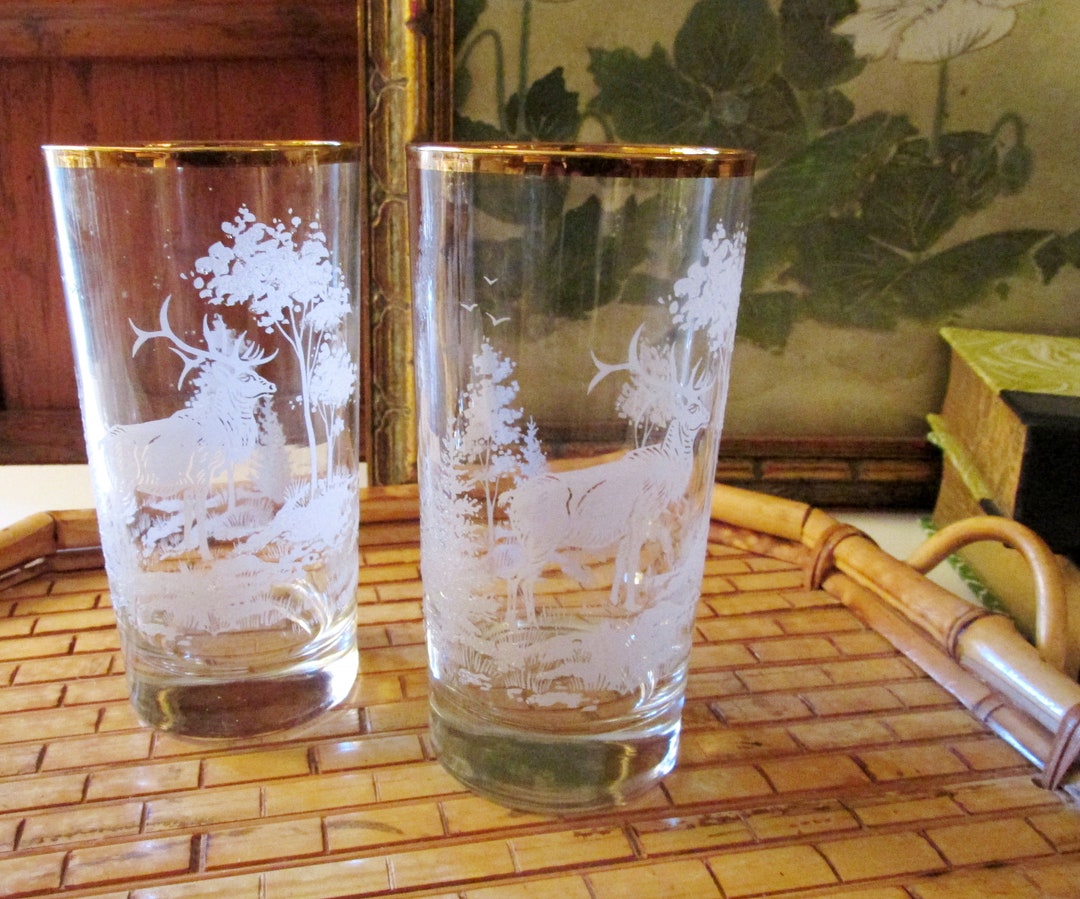 Four Vintage Christmas Glassware, Set of Four Xmas Moose and Woodland
