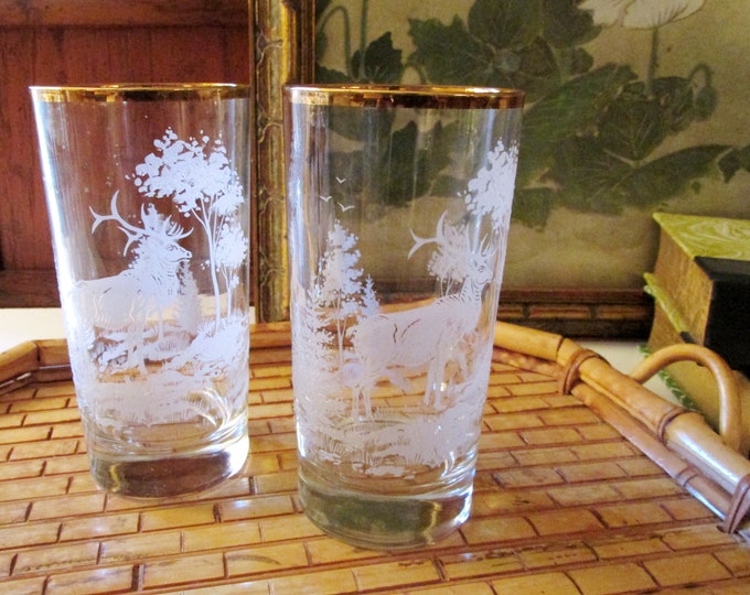 Four Vintage Christmas Glassware, Set of Four Xmas Moose and Woodland