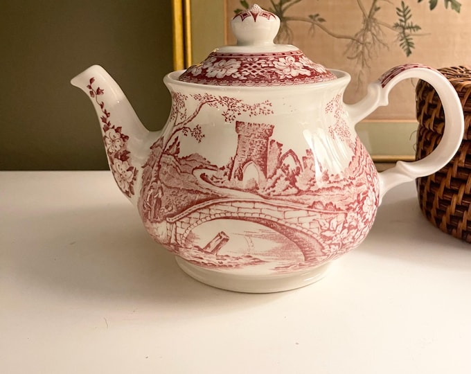 Featured listing image: Vintage Sadler England "Brigadoon" Ironstone Teapot, English Cottage, Red Transferware