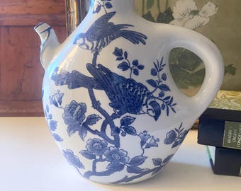 Vintage Blue and White Chinoiserie Vase or Pitcher, Porcelain Jar, Baum Bros Formalities, Blue Peony, Oriental Vase, Grandmillennial Decor