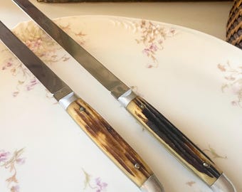 Vintage Queen Cutlery Co USA Deluxe Carving Set, Stag Handle, Carver & Slicer, Thanksgiving Table