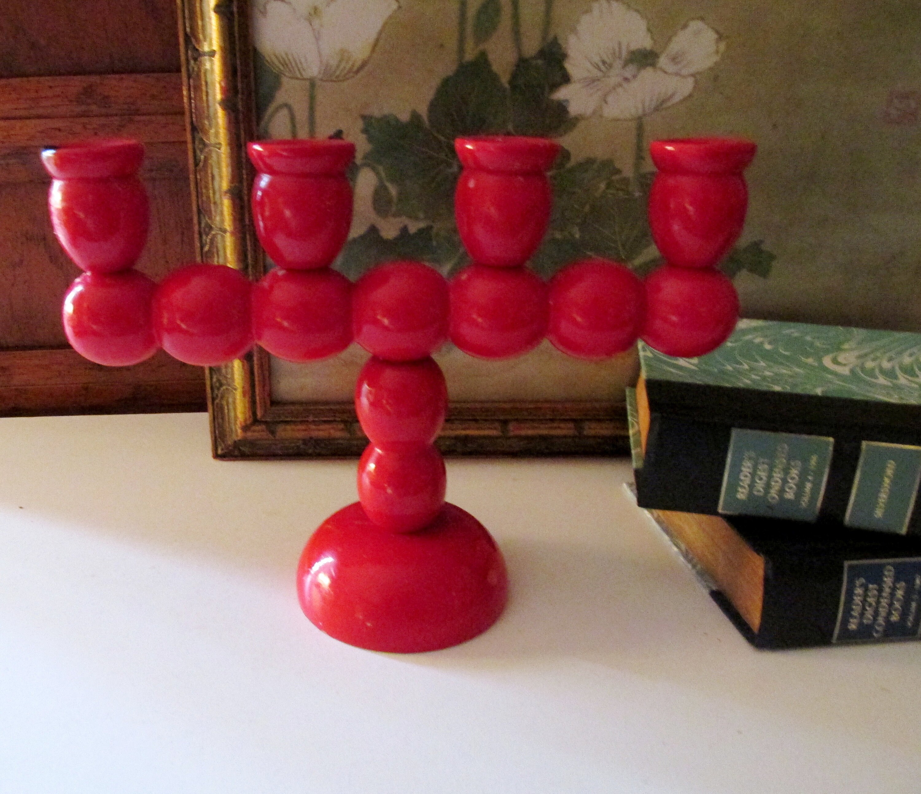 Sweden Red Hand Crafted Wood Candelabra Christmas Red Wood Candlestick Holder Mod Xmas Boho Christmas