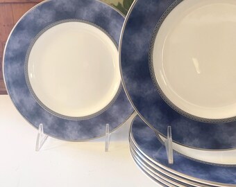 Vintage Set of Six Royal Doulton Accent or Salad Plates, Atlanta Pattern, Blue and White Plate, Silver Trim, Greek Key Design