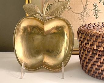 Vintage Apple Brass Pocket Change Tray, Round Trinket Tray, Catchall, Home Office Decor