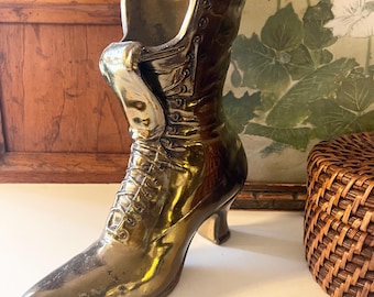 Vintage Cast Metal Victorian Boot Planter, Halloween Decor, Closet Decor, Boho Chic, Victorian Lace-Up Boot Vase,