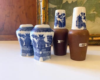 Vintage Lot of Two Sets Blue Willow Salt & Pepper Shakers, Ceramic Faux Wood Gold Lettering