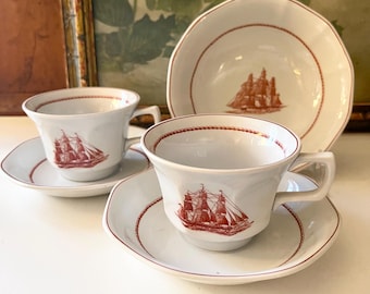 Vintage Wedgwood "Flying Cloud Rust" Dinnerware, Two Cups and Saucers, Cereal Bowl, Bread & Butter Plates, Nautical Decor