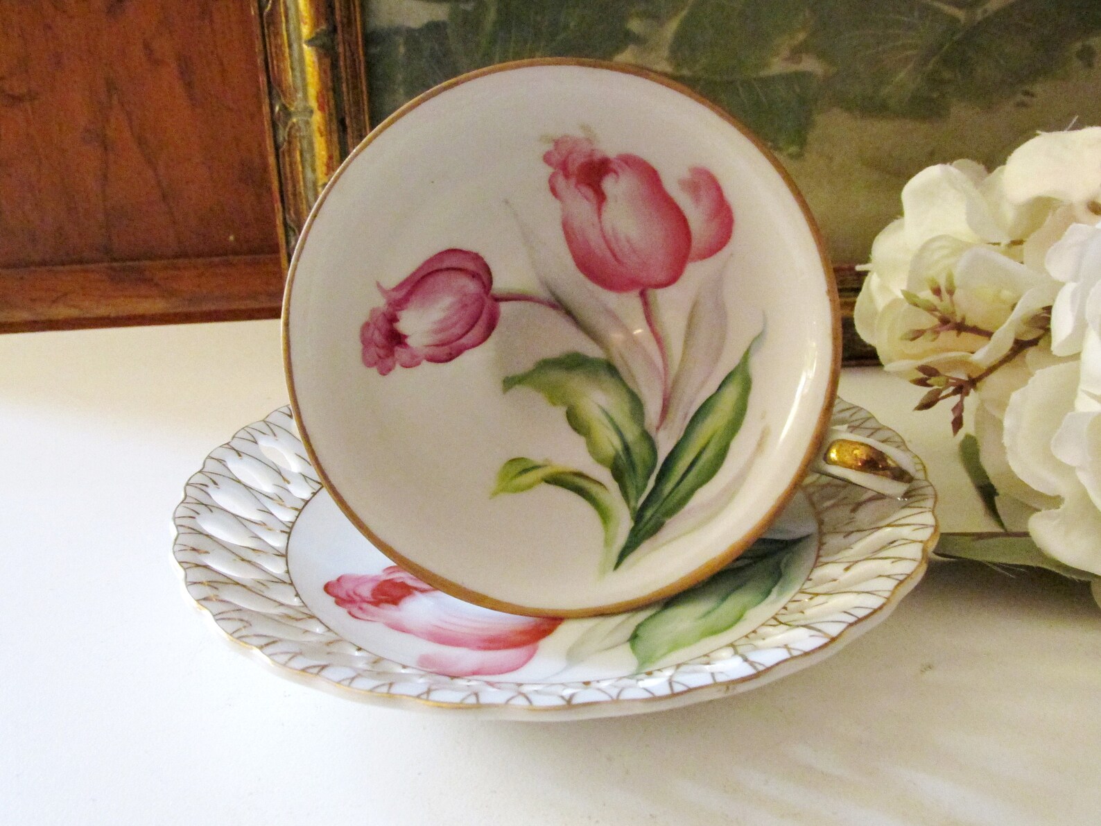 Vintage Hand Painted Tulip Teacup With Lacy Pierce Work Etsy UK