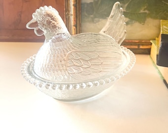 Vintage Indiana Glass "Hen on Nest" Candy Dish, Covered Glass Butter Dish, Farmhouse Kitchen Decor