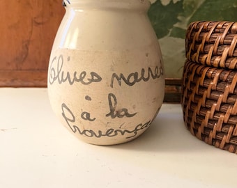Vintage French Pottery Jar, Olive Pot, France Crock Pot, Handwritten Text, French Kitchen Decor, Farmhouse Chic, Small Stoneware Container
