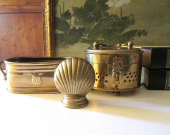 Vintage Assortment of Brass Decor, Clam Paperweight, Pineapple Planter, Round Cricket Box, Tablescape Decor, Home Office Decor