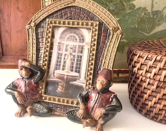 Vintage Chinoiserie Monkey Photo Frame,Two Monkeys in Red Turkey Hat Fez and Vest Ottoman   4.5"x2.5" Picture Holder, Hollywood Regency
