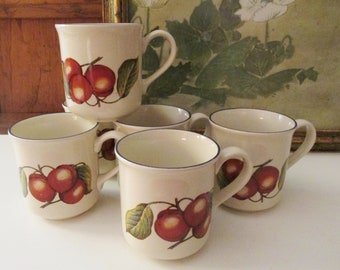 Six Vintage English Mugs, Staffordshire Tableware Coffee Mugs, Plum Fruits, Bistro Kitchen Mugs, Tea Mugs, Farmhouse Fruit Coffee Cups
