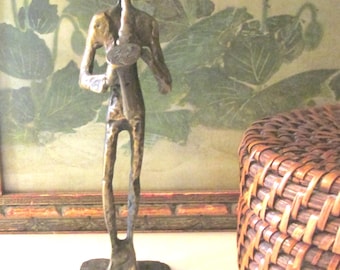 Vintage Saxphone Player Sculpture, Brutalist Bronze Tone Metal Figurine, Gift For Jazz Lover