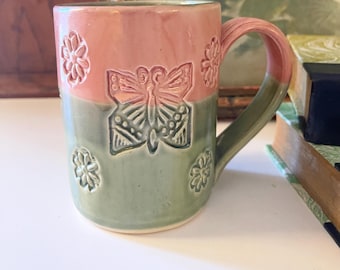Vintage Art Pottery Mug, Hawksbill Pottery Pink and Green Large Mug, Butterfly Embossed Mug, Birthday Gift