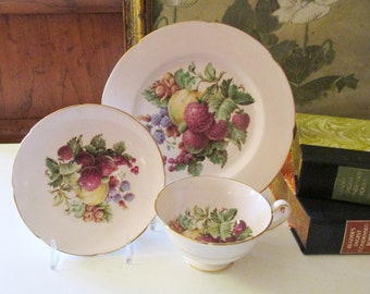 Vintage Royal Grafton England Tea for One Set, Pink Fruits Dessert/Snack Plate, Teacup and Saucer, Mother's Day Gift, Cottage Chic
