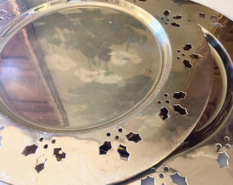Six Vintage Brass Christmas Chargers, Cut Out Holly Leaves Brass Placemats, Holiday Brass Decor