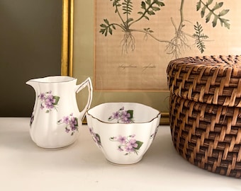 Elizabethan Violets Open Sugar and Creamer Set, Bone China, England