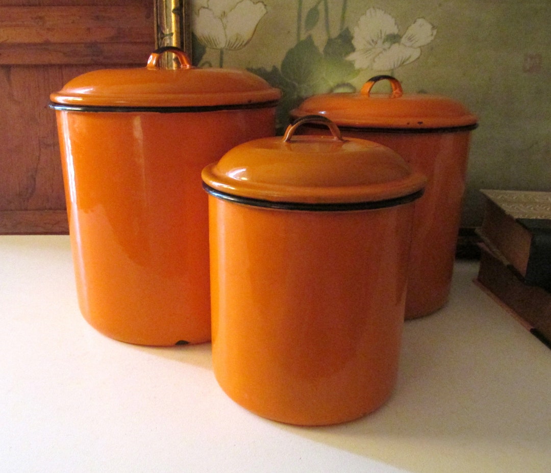 Vintage Enamel Nesting Canisters Orange Enamel Lidded Etsy