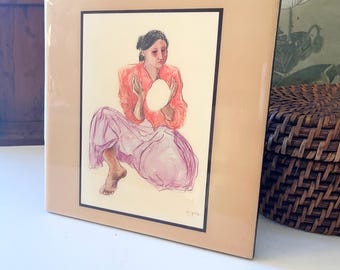 Vintage Navajo Ceramic Art Tile by R C Gorman, "Bread Maker", Native American Art