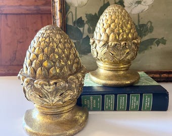 Vintage 1995 Gilded Pineapple or Acorn Bookends, Traditional Decor, Library Decor, Gift for Book Lovers, Williamsburg Decor